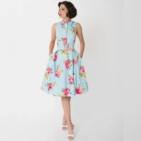 Unique Vintage Light Blue & Blooming Floral Print Button Up Swing Dress NWT L - Picture 1 of 10